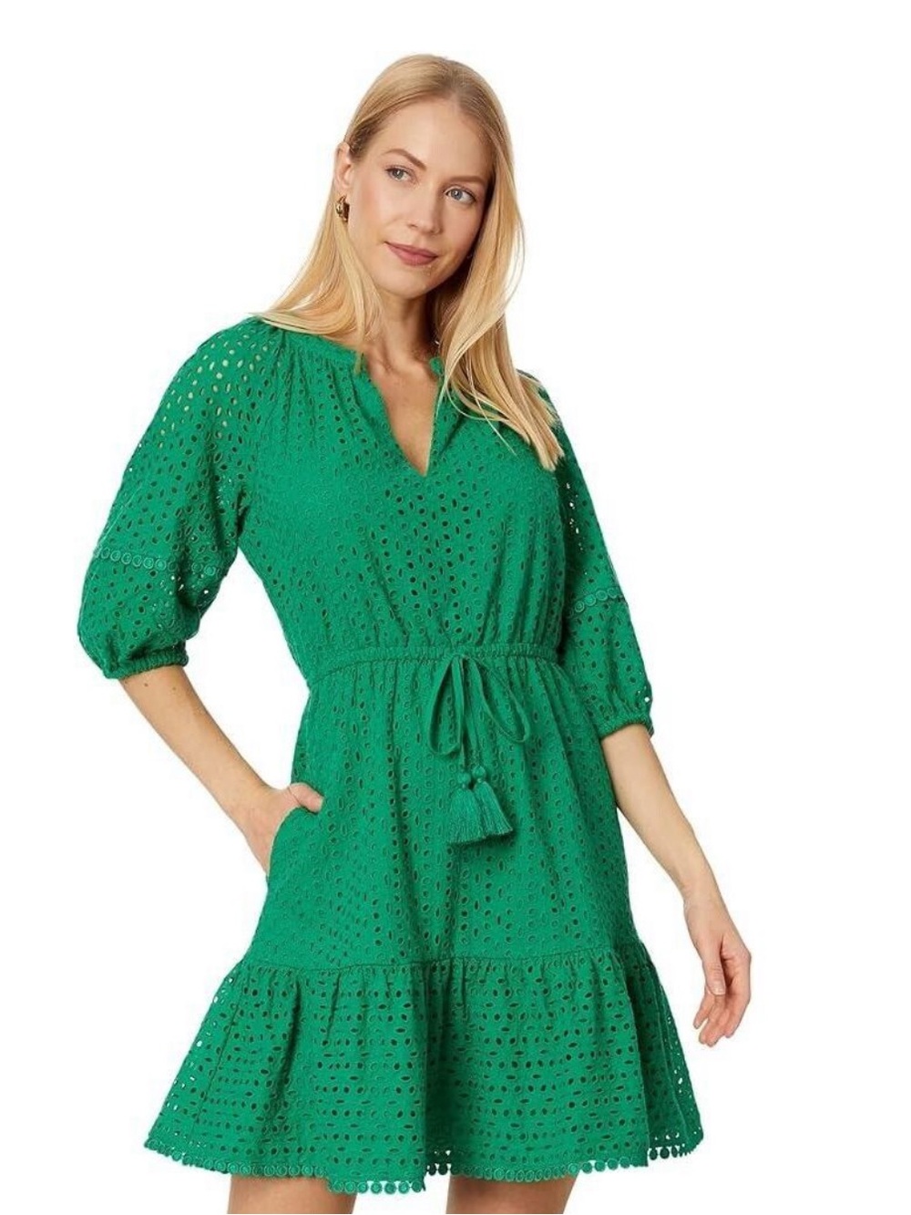 Vince Camuto Eyelet Tasseled Drawstring Dress Green With Pockets  Size 14 NWT